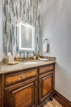 powder room wooden vanity with LED mirror