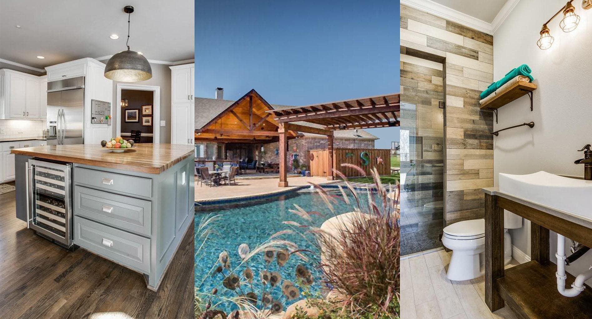 a kitchen outdoor living area and luxury bathroom