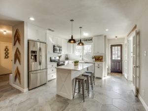 farmhouse kitchen - white kitchen with grey hexagon tiles