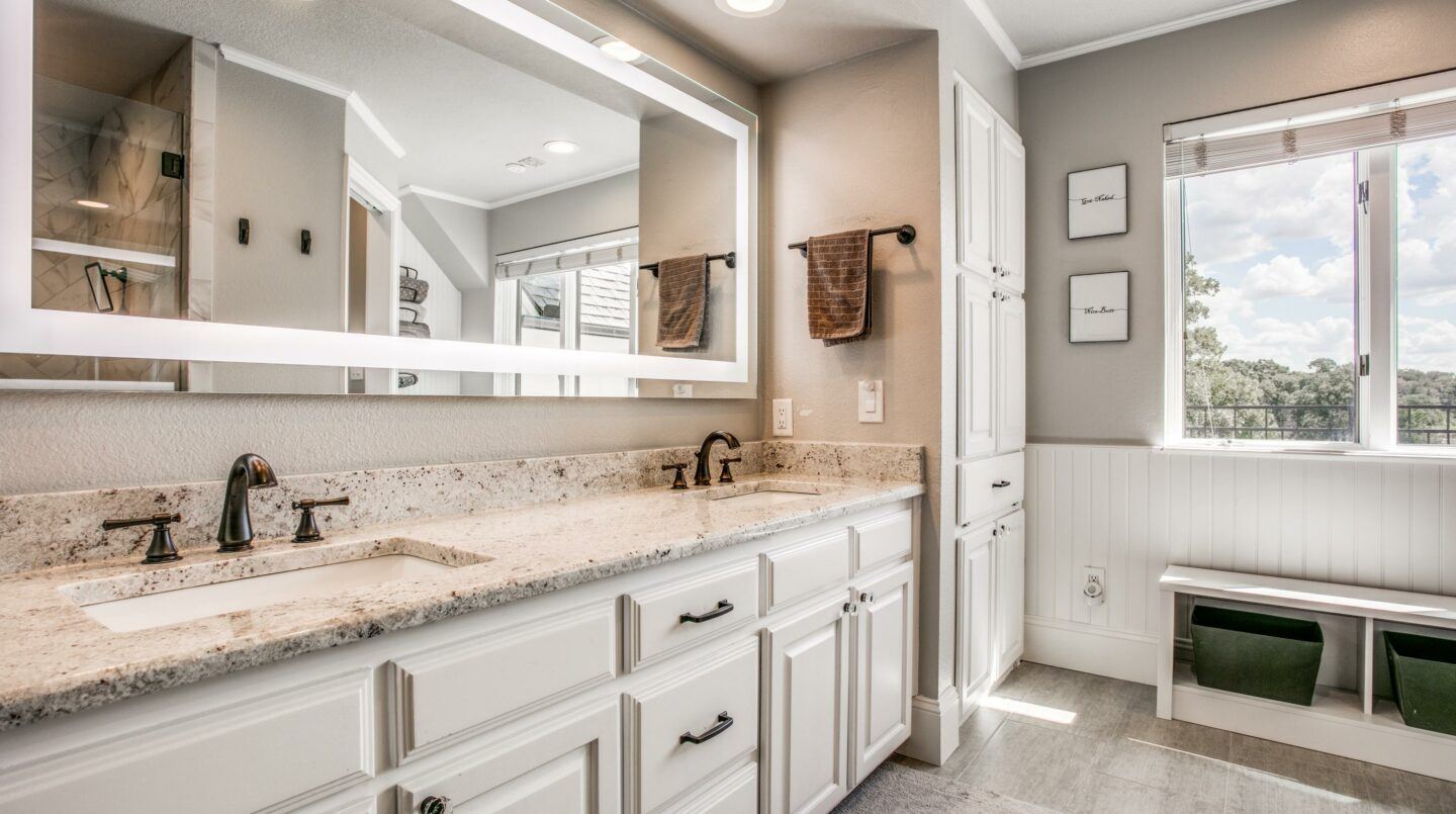 master bathroom with LED vanity mirror