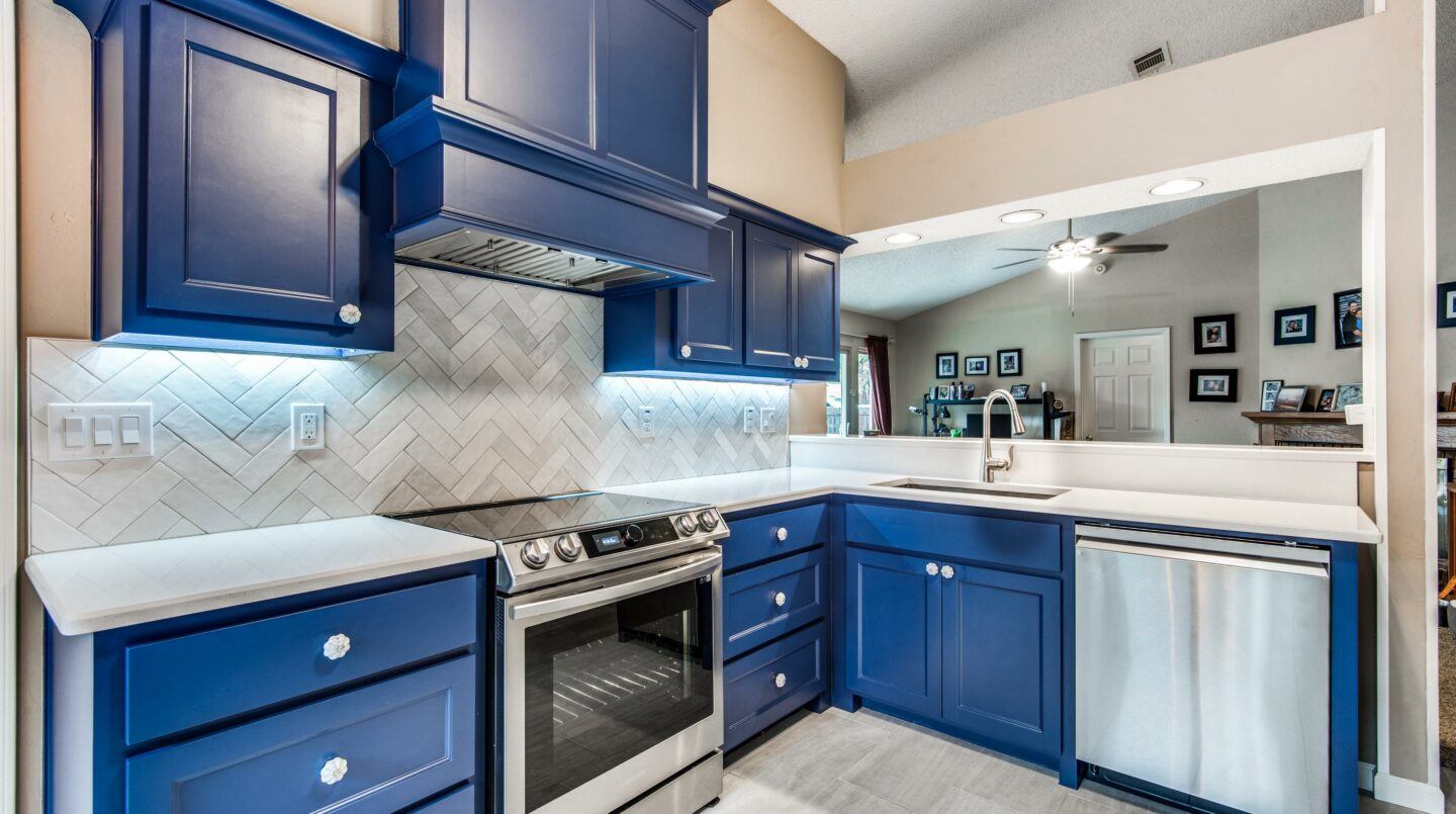 kitchen renovation with blue cabinets in flower mound