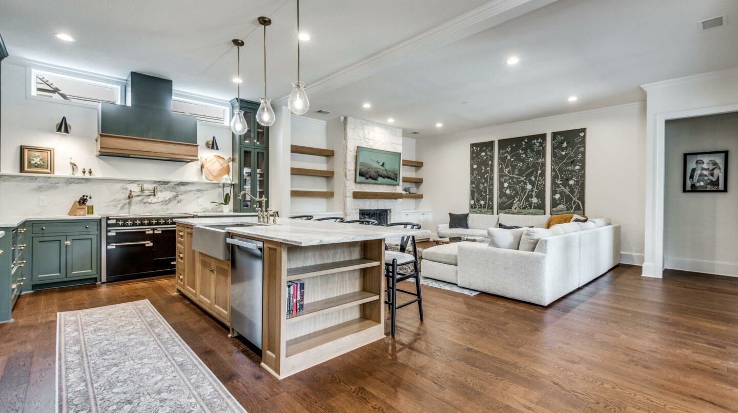 wide shot of living room and kitchen - quality home remodeling